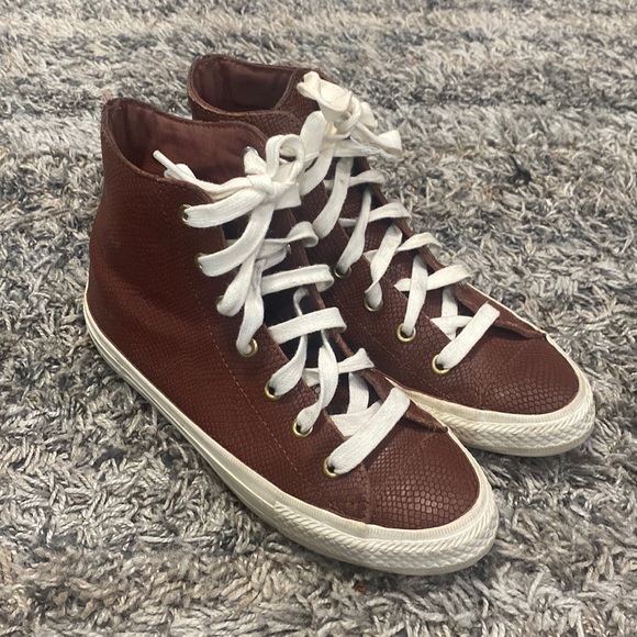 Converse Shoes - Converse women’s leather upper brown beige high top size 5 snake type texture